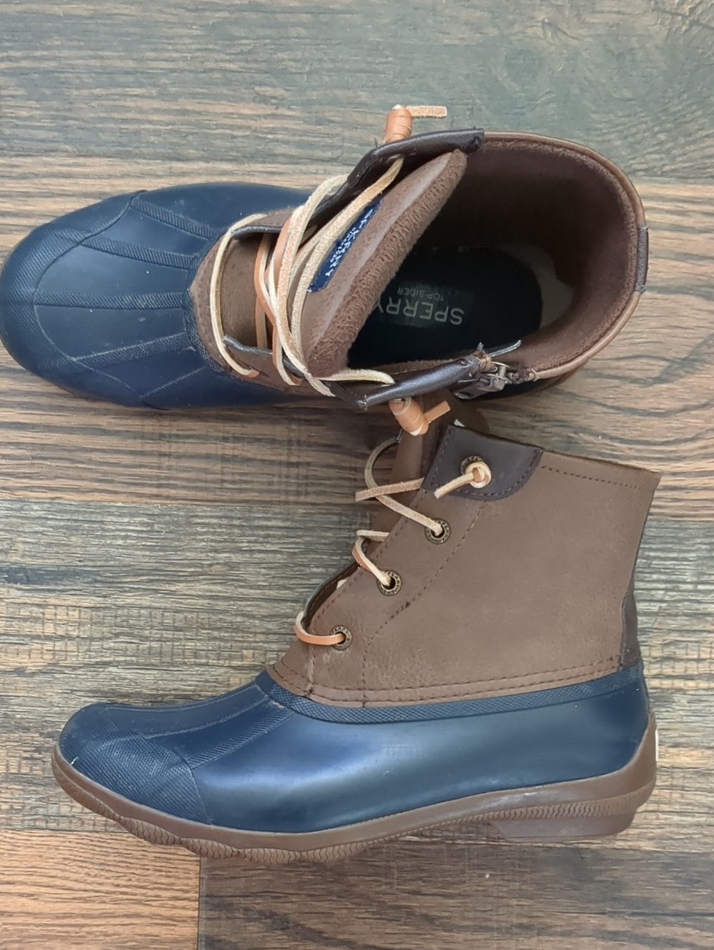 Sperry Navy Blue Women's Duck Rubber & Brown Leather Rain Boots, Size 7.5